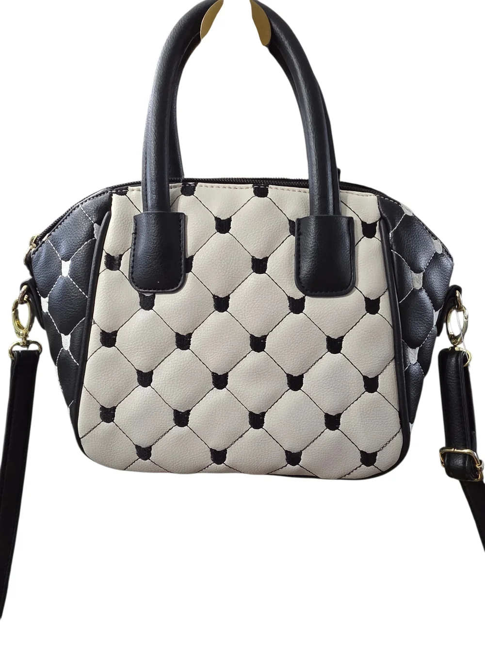 #155 Betsey Johnson Black and White Quilted Dome Satchel with Fur Charm